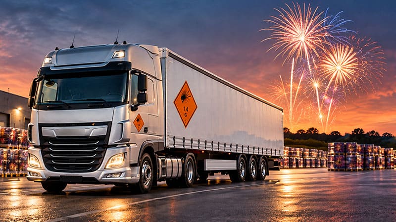 Transport Logistik GmbH - Full Service Logistic aus Iserlohn - LKW auf Gelände umgeben von Feuerwerk