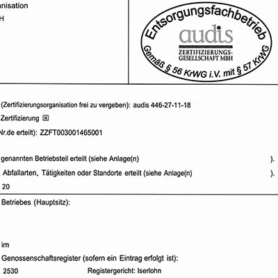 Transport Logistik GmbH - Full Service Logistic aus Iserlohn - Zertifikatsurkunde Entsorgungsfachbetrieb